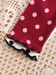 SHEIN Girls Polka Dot Print Ribbed Frill Trim Crew Neck Long Sleeve Base Layer T-Shirt, Versatile Innerwear 2pcs Set Randon - Multicolor - View 5