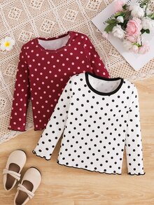 SHEIN Girls Polka Dot Print Ribbed Frill Trim Crew Neck Long Sleeve Base Layer T-Shirt, Versatile Innerwear 2pcs Set Randon - Multicolor - View 8