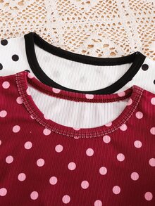 SHEIN Girls Polka Dot Print Ribbed Frill Trim Crew Neck Long Sleeve Base Layer T-Shirt, Versatile Innerwear 2pcs Set Randon - Multicolor - View 6