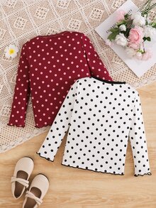 SHEIN Girls Polka Dot Print Ribbed Frill Trim Crew Neck Long Sleeve Base Layer T-Shirt, Versatile Innerwear 2pcs Set Randon - Multicolor - View 2