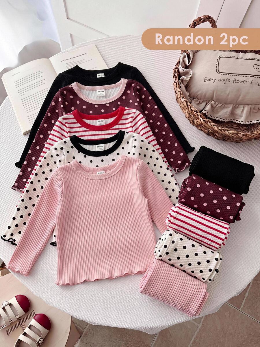 SHEIN Girls Polka Dot Print Ribbed Frill Trim Crew Neck Long Sleeve Base Layer T-Shirt, Versatile Innerwear 2pcs Set Randon - Multicolor - View 1