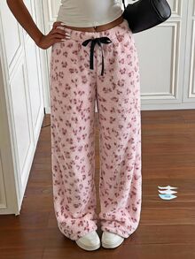 SHEIN EZwear Women's All-Over Print Casual Versatile Daily Wear Long Pants - Pink - View 8