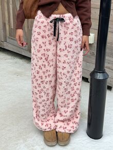 SHEIN EZwear Women's All-Over Print Casual Versatile Daily Wear Long Pants - Pink - View 1
