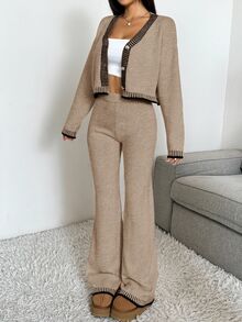 CovetEZ 2 件套女士纯色拼接前扣长袖休闲毛衣和裤子套装 - 卡其色 - 查看 6