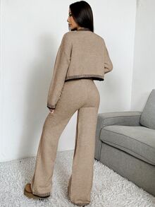 CovetEZ 2 件套女士纯色拼接前扣长袖休闲毛衣和裤子套装 - 卡其色 - 查看 3