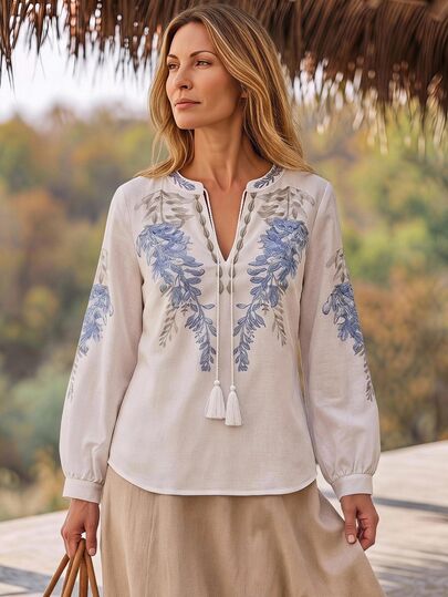 Hansera Deep V-Neck Tassel Decor Long Sleeve Floral Print Casual Elegant Daily Outdoor Commute Blouse For Middle-Aged And Elderly Women