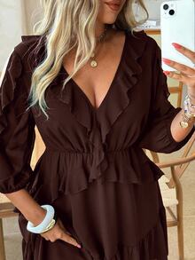 Ceyna Plus Size Women's Solid Color Ruffle V-Neck Slimming 3/4 Sleeve Elegant Dress Flowy Wedding Guest Formal Brunch Date Night Birthday Party Brown Autumn - Brown - View 6