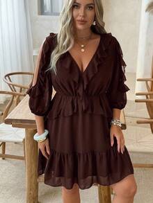 Ceyna Plus Size Women's Solid Color Ruffle V-Neck Slimming 3/4 Sleeve Elegant Dress Flowy Wedding Guest Formal Brunch Date Night Birthday Party Brown Autumn - Brown - View 2