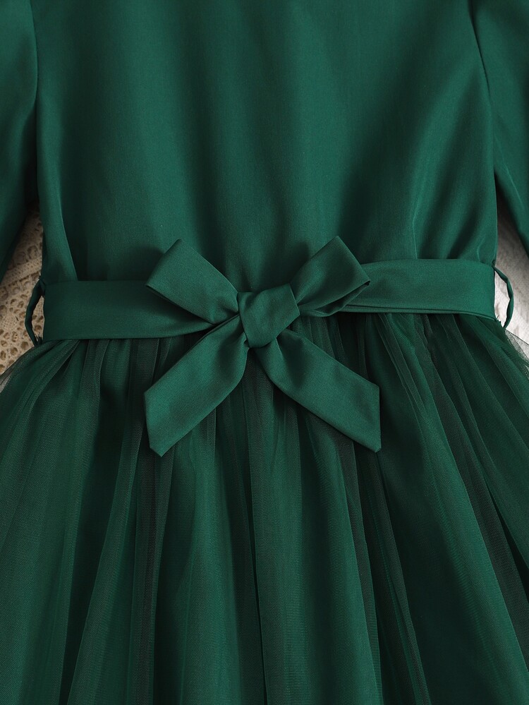 SHEIN Girls' Solid Color Bowknot Waist Cinched Mesh Patchwork Long Sleeve Dress, Fashionable And Stylish For Autumn/Winter Outings, Photo Shoots, Birthday Parties, Gatherings, And Everyday Wear - Green - View 8