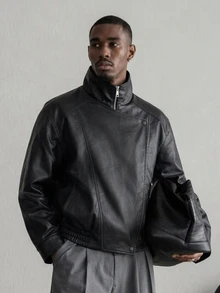 Mainfolk Men Zip Up PU Leather Moto Jacket Black Autumn,Streetwear Goth,Suede Air Layer Jacket,Utility Cargo Jacket,Halloween Winter Party Going Out Autumn - Black - View 1