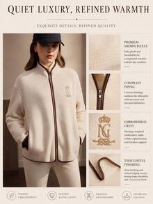 SHEIN Women's Contrast Color Letter Print Zipper Casual Daily Long Sleeve Jacket - Apricot - View 3