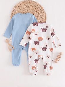 Cozy Pixies Newborn Baby Boy Baby Girl Cartoon Dinosaur Pattern Knitted Soft Round Neck Long Sleeve Bodysuit & Pants 2pcs Pieces Set - Multicolor - View 2