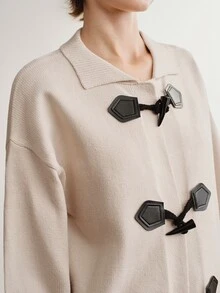 Briarwyn Fall/ Women's Fashion French Minimalist CasualChinese Knot Button Ribbed Patchwork Sweater Black And Beige Sweater Brunch - Apricot - View 7