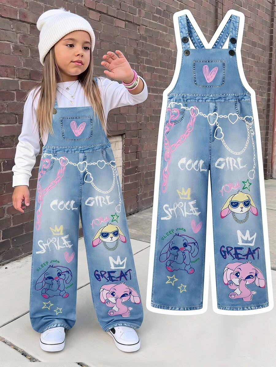 SHEIN Overall Rajut Motif Bintang untuk Anak Perempuan Remaja, Musim Gugur, Sekolah, Musim Semi, Musim Panas, Biru, Streetwear Gaya Y2k, Kasual, Pesta