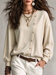 SHEIN 秋季女款圓領寬鬆落肩鈕扣假不對稱門襟羅紋袖口下擺休閒米色日常旅行早午餐衛衣 - 杏色 - 查看 4