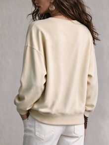 SHEIN 秋季女款圓領寬鬆落肩鈕扣假不對稱門襟羅紋袖口下擺休閒米色日常旅行早午餐衛衣 - 杏色 - 查看 2