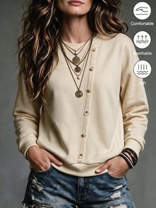 SHEIN 秋季女款圓領寬鬆落肩鈕扣假不對稱門襟羅紋袖口下擺休閒米色日常旅行早午餐衛衣 - 杏色 - 查看 6