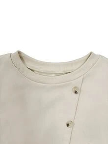 SHEIN 秋季女款圓領寬鬆落肩鈕扣假不對稱門襟羅紋袖口下擺休閒米色日常旅行早午餐衛衣 - 杏色 - 查看 7