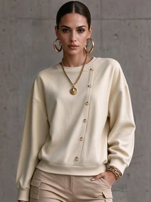 SHEIN 秋季女款圓領寬鬆落肩鈕扣假不對稱門襟羅紋袖口下擺休閒米色日常旅行早午餐衛衣 - 杏色 - 查看 3