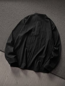 Mainfolk 男士設計拼接半開襟休閒基礎熱帶襯衫，黑色，適合海灘度假與秋季穿著 - 黑色 - 查看 3
