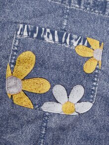 女童牛仔風吊帶褲，無袖寬腿九分褲，黃色/白色雛菊刺繡，美式復古拼接，街頭風 - 藍色 - 查看 5