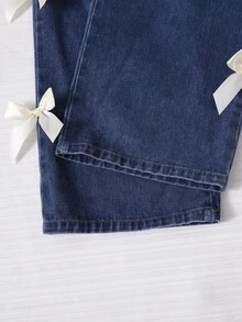 SHEIN 青少年女孩秋季套裝 3件/組 蝴蝶結肩帶上衣鏤空肩部設計 蝴蝶結寬腿褲 可愛Y2K風格 校園度假 白色水藍色 - 藍色 - 查看 4