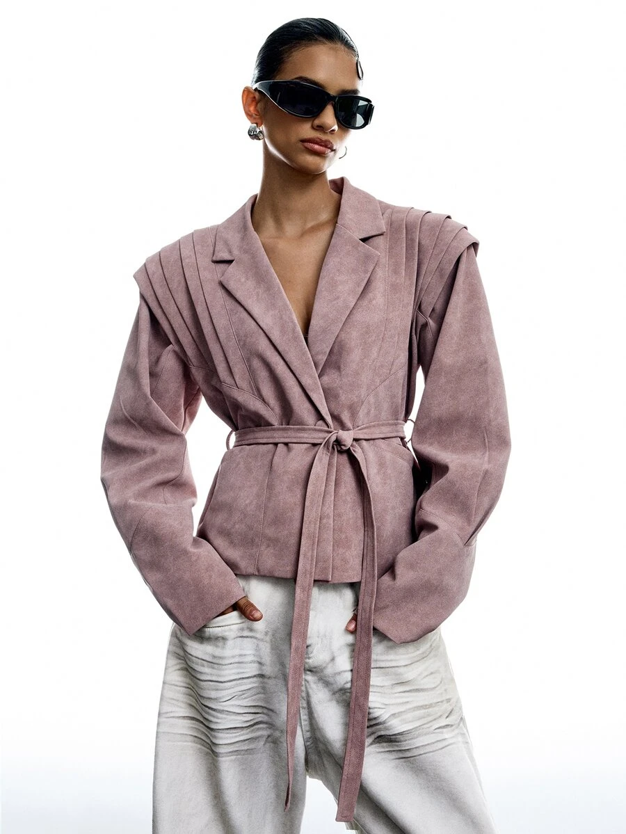 LYSMO Women's Solid Color Waist Tie Casual Versatile Long Sleeve Jacket - Pink - View 1