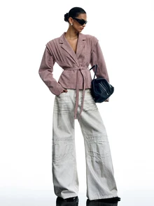 LYSMO Women's Solid Color Waist Tie Casual Versatile Long Sleeve Jacket - Pink - View 7