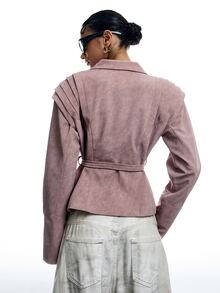 LYSMO Women's Solid Color Waist Tie Casual Versatile Long Sleeve Jacket - Pink - View 2