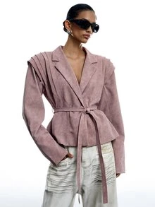 LYSMO Women's Solid Color Waist Tie Casual Versatile Long Sleeve Jacket - Pink - View 6