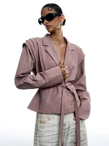 LYSMO Women's Solid Color Waist Tie Casual Versatile Long Sleeve Jacket - Pink - View 5