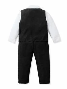 SHEIN 小男孩 2 件套 單排扣背心與長褲，紳士套裝 秋季 - 黑色 - 查看 3