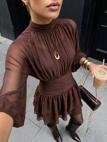 Lavishia 巧克力棕色女款蝙蝠袖荷葉邊下擺浪漫優雅洋裝，適合約會、早午餐、晚餐、酒吧派對，秋季穿搭 - 巧克力棕 - 查看 1