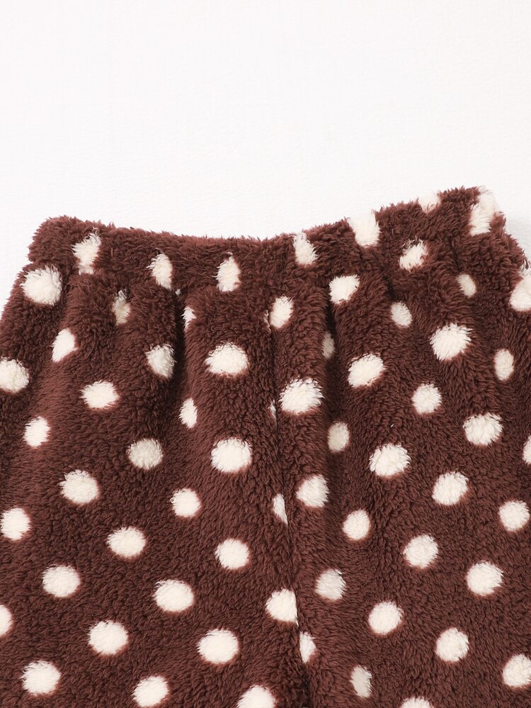 SHEIN Tween Girls Autumn Winter Fleece Lined Wide Leg Pants, Vintage Brown Base With White Polka Dot Plush Trousers, Elastic High Waist Loose Fit Casual Pan - Brown - View 5