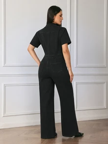 Flexra Women's Button Short Sleeve Pocket Denim Jumpsuit - Black - View 2