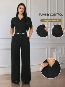 Flexra Women's Button Short Sleeve Pocket Denim Jumpsuit - Black - View 1