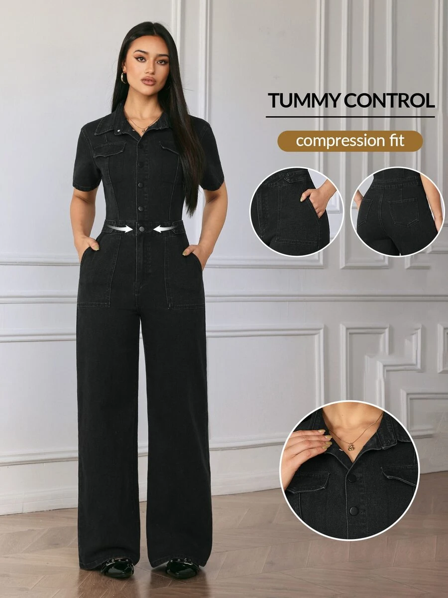 Flexra Women's Button Short Sleeve Pocket Denim Jumpsuit - Black - View 1