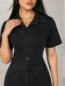 Flexra Women's Button Short Sleeve Pocket Denim Jumpsuit - Black - View 7