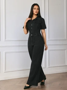 Flexra Women's Button Short Sleeve Pocket Denim Jumpsuit - Black - View 6