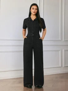 Flexra Women's Button Short Sleeve Pocket Denim Jumpsuit - Black - View 8
