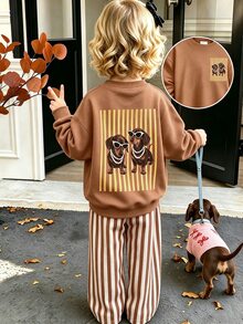 SHEIN Playful Pals Baby Girls 2 Pcs Cartoon Dog Print Crew Neck Sweatshirt & Wide Leg Pants Set, Brown Beige, Fall Sets Outfit - Multicolor - View 1