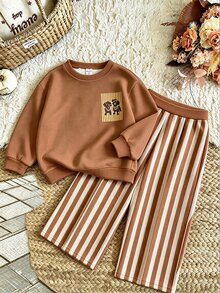 SHEIN Playful Pals Baby Girls 2 Pcs Cartoon Dog Print Crew Neck Sweatshirt & Wide Leg Pants Set, Brown Beige, Fall Sets Outfit - Multicolor - View 2