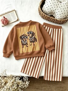 SHEIN Playful Pals Baby Girls 2 Pcs Cartoon Dog Print Crew Neck Sweatshirt & Wide Leg Pants Set, Brown Beige, Fall Sets Outfit - Multicolor - View 3