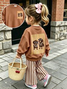 SHEIN Playful Pals Baby Girls 2 Pcs Cartoon Dog Print Crew Neck Sweatshirt & Wide Leg Pants Set, Brown Beige, Fall Sets Outfit - Multicolor - View 4