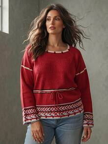 Linhara CURVE Plus Size Women's Colorblock Casual Daily Long Sleeve Sweater - Multicolor - View 2