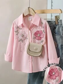 SHEIN 女童花卉印花領口長袖牛仔仙女花童襯衫，秋季婚禮海灘嬰兒洗禮 1 歲生日小新娘 粉色 - 粉色 - 查看 4