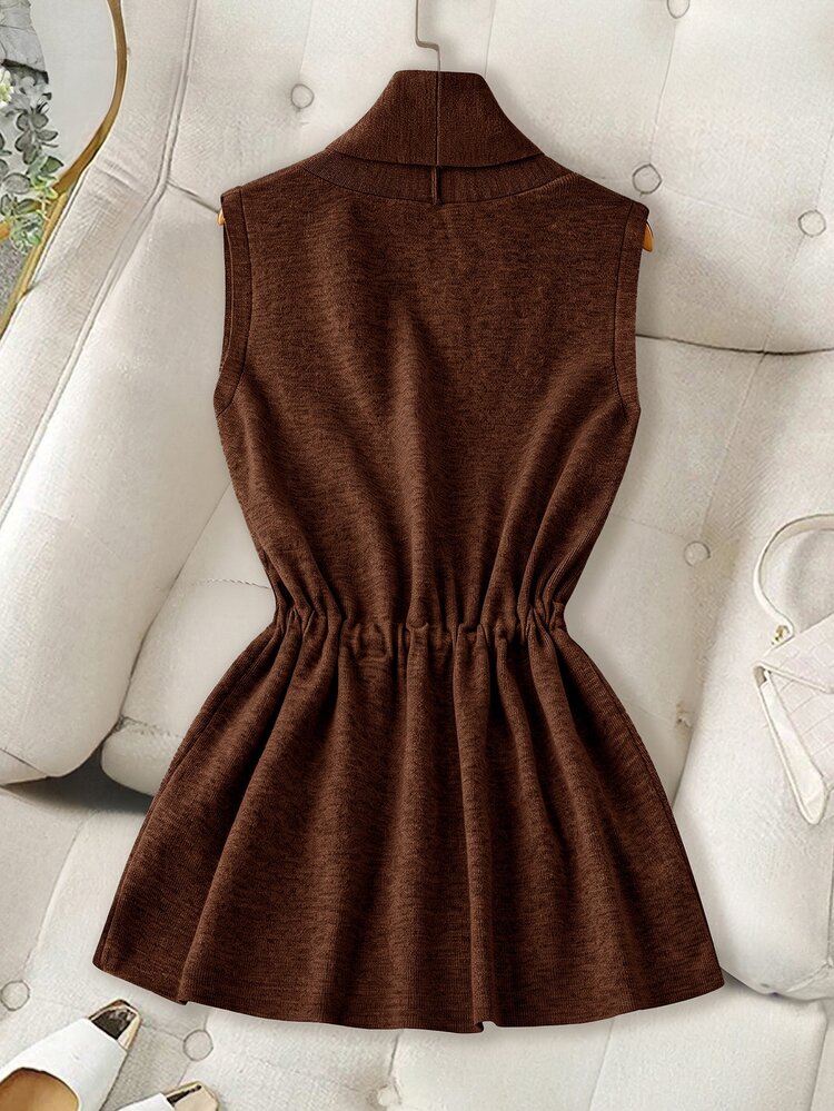 Franclia Women's Solid Color Shawl Collar Waist Tie Casual Boho Sleeveless Cardigan Vacation Coffee Brown Fall - Camel - View 2