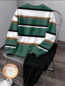 青少年男孩休閒簡約綠色白色黑色條紋印花圓領衛衣與運動長褲兩件套，適合秋冬戶外運動穿著 - 彩色 - 查看 2