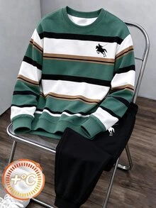 青少年男孩休閒簡約綠色白色黑色條紋印花圓領衛衣與運動長褲兩件套，適合秋冬戶外運動穿著 - 彩色 - 查看 5