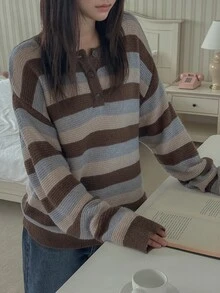 DAZY Women's Striped Casual Versatile Daily Long Sleeve Sweater - Brown - View 4